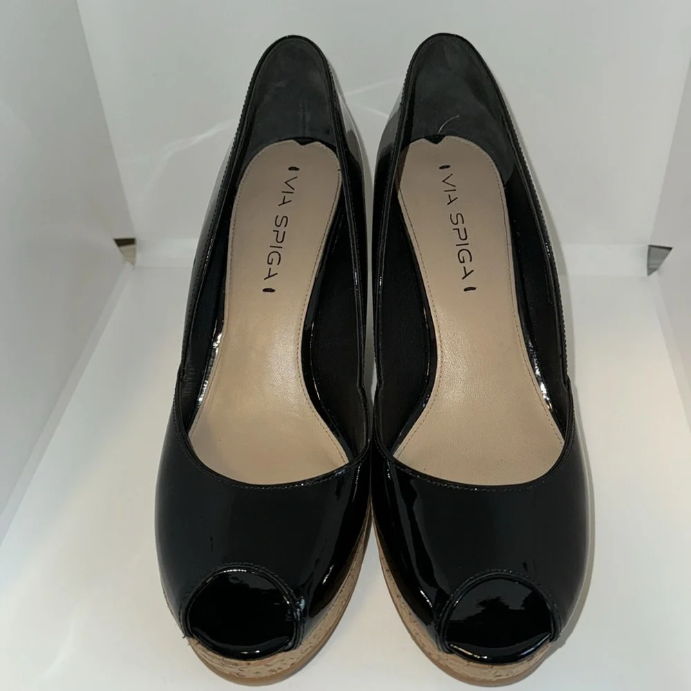 Via Spiga Black Patent Leather & Cork Platform Wedges Peep Toe Women’s 8
